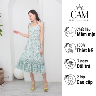 Đầm voan 2 dây hoa nhí thiết kế cam fashion, đầm hoa 2 dây dáng dài - d034