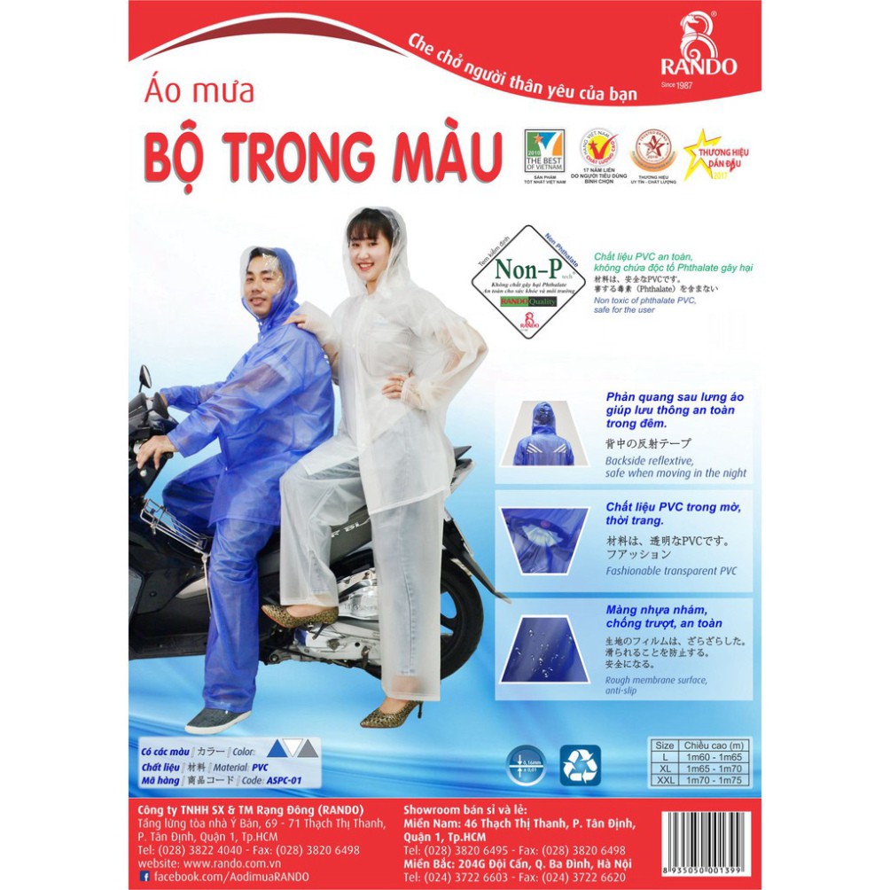 Áo Mưa Rando Chính Hãng, Mua 2 GIẢM 13K, Bộ Quần Áo Đi Mưa Nhựa PVC Trong Màu Chống Thấm Nước, Thời Trang NAM/Nữ