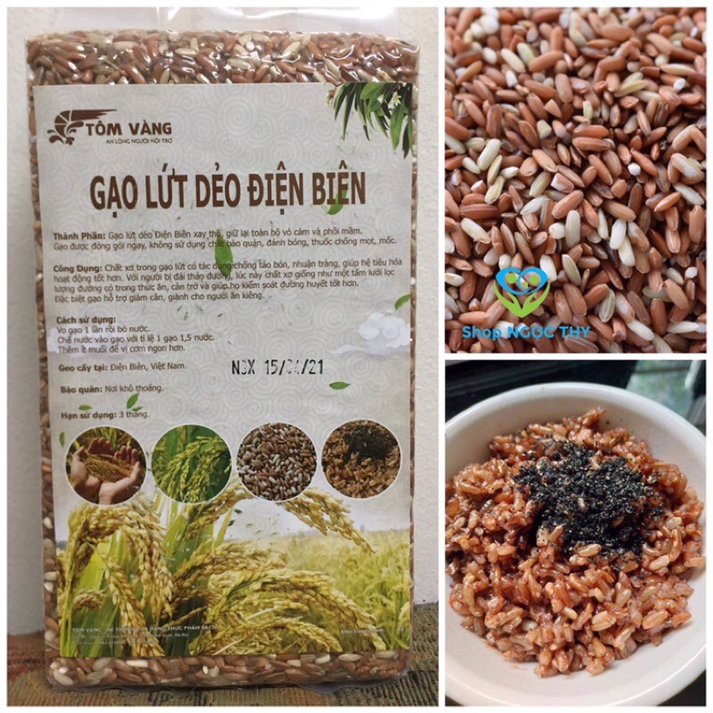 Gạo lứt đỏ dẻo Điện Biên Tôm Vàng 1kg, gạo lức ngon nguyên cám, ăn dẻo đậm cơm eat clean giảm cân