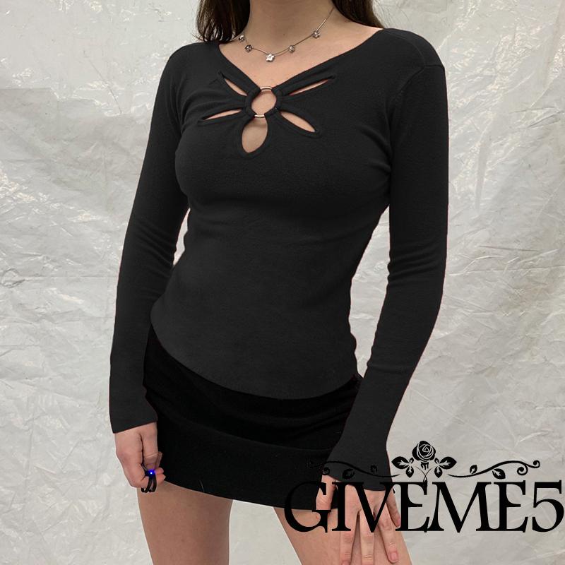 Áo thun tay dài cổ chữ V màu trơn thời trang xuân hè cho nữ size S/M/L<br />