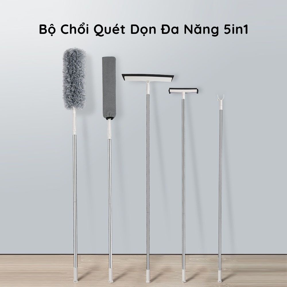Chổi Quét Trần Nhà, Chổi Quét Mạng Nhện, Cây Phơi Quân Áo, Cây lau Kính 2 Mặt Đa Năng 5 Trong 1
