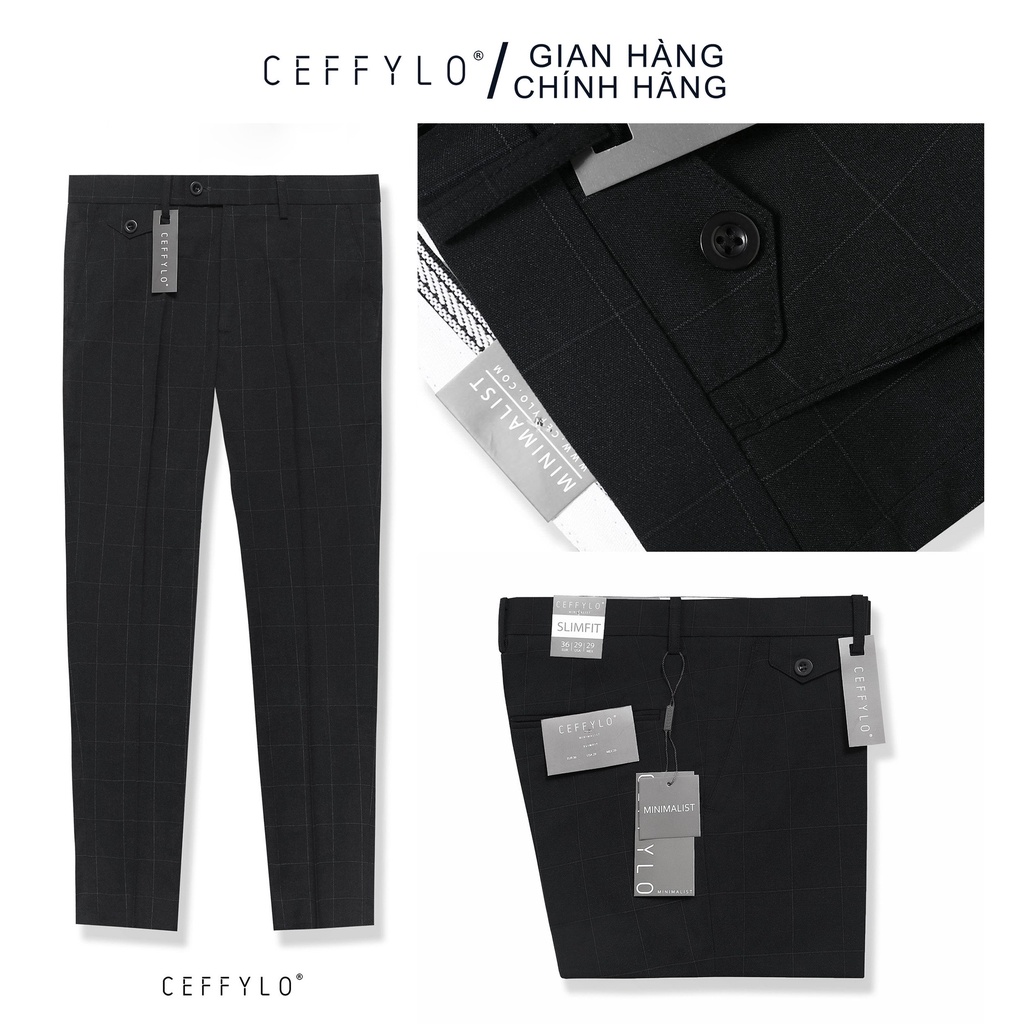 Quần âu Nam kẻ caro Đen dáng ôm Công Sở CEFFYLO Chất Liệu Cotton Cao Cấp