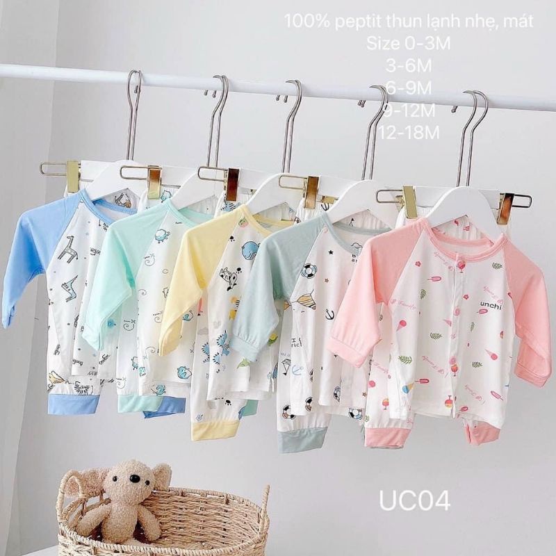 Bộ Quần Áo Dài Sơ Sinh Unchi Vải Petit Mềm Mát Khuy Giữa