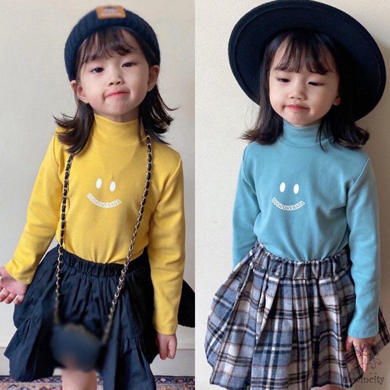 Áo thun cotton cổ lọ họa tiết hoạt hình cho bé gái