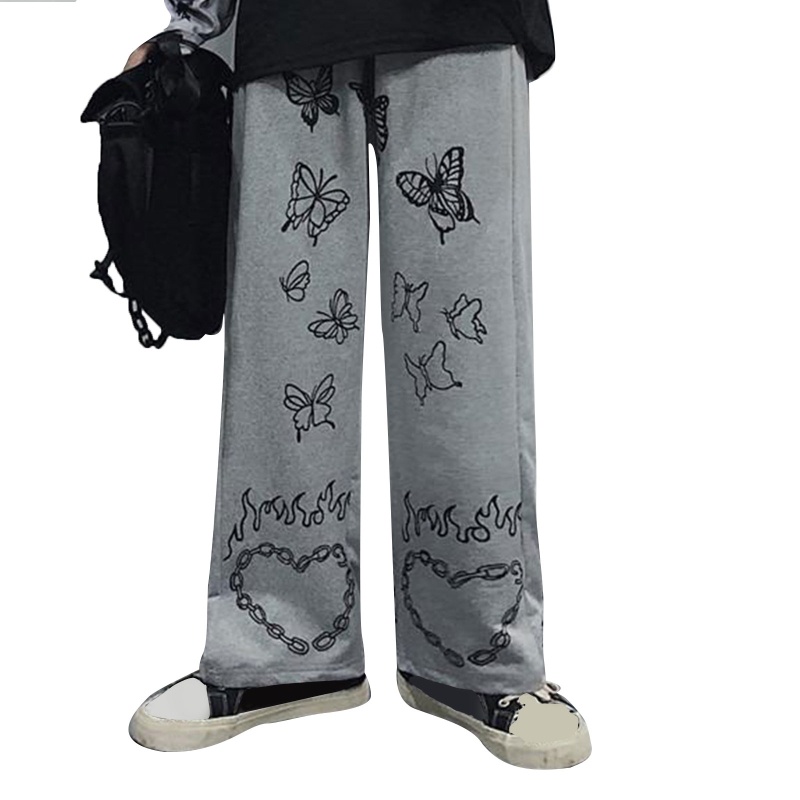 Xiangbao Quần Dây Rút Lưng Cao Dáng Suông In Họa Tiết Bướm / Ngọn Lửa / Trái Tim