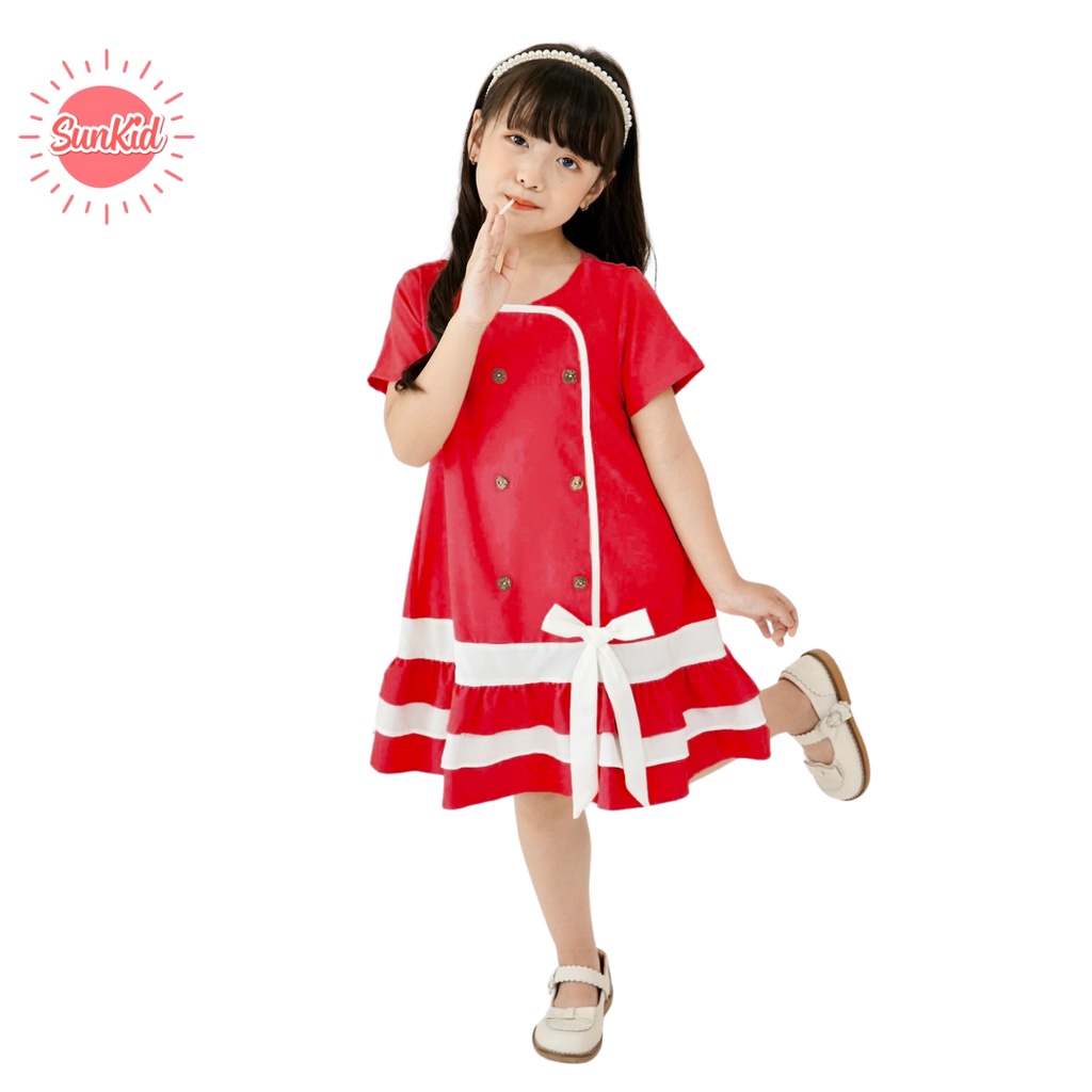 Váy đầm bé gái dáng suông thắt nơ vải trượt nhật Sunkid SM hồng, đỏ size trẻ em 4-12 tuổi
