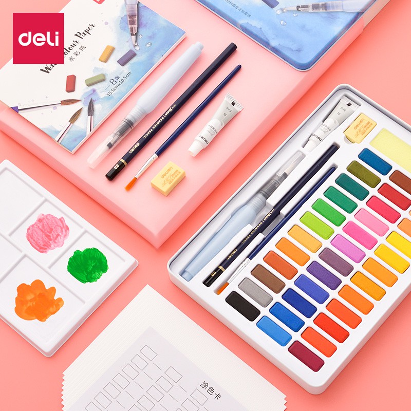 [Mã LIFEBOOK1 giảm 30K đơn 150K] Bộ Màu Nước DELI WaterColor Paper Cao Cấp 24/36 Màu Tặng 2 Bút, 1 Mút, 1 Cọ, 1 Tẩy