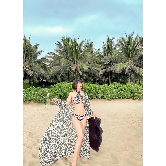[MẪU MỚI+ CHẤT CAO CẤP] Bikini set 3 món hoạ tiết da beo kèm khoác tay dài sang chảnh