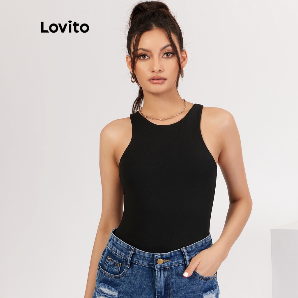Áo liền quần Lovito màu trơn thiết kế hở vai đơn giản phong cách thường ngày L18X151 (Màu xanh lá nhạt/Màu đen) | BigBuy360 - bigbuy360.vn