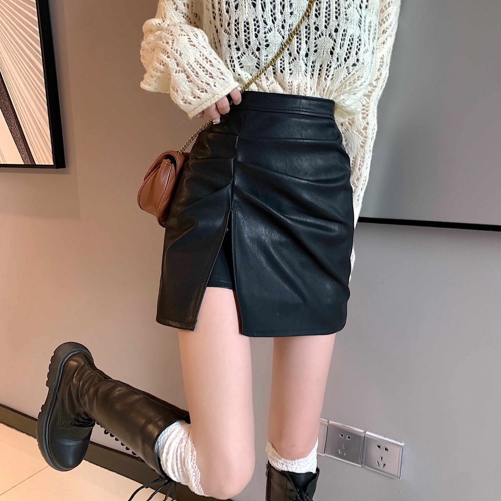 Porozi  váy Chân Váy Da Ngắn Lưng Cao Thiết Kế Lệch Tà Kiểu Hàn Quốc Cá Tính Cho Nữ