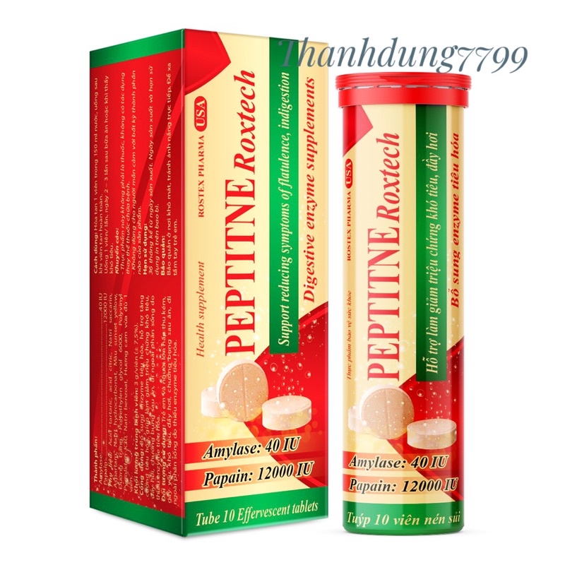Viên sủi hỗ trợ tiêu hóa PEPTITNE Roxtech giảm đầy hơi, khó tiêu, chướng bụng -  20 viên