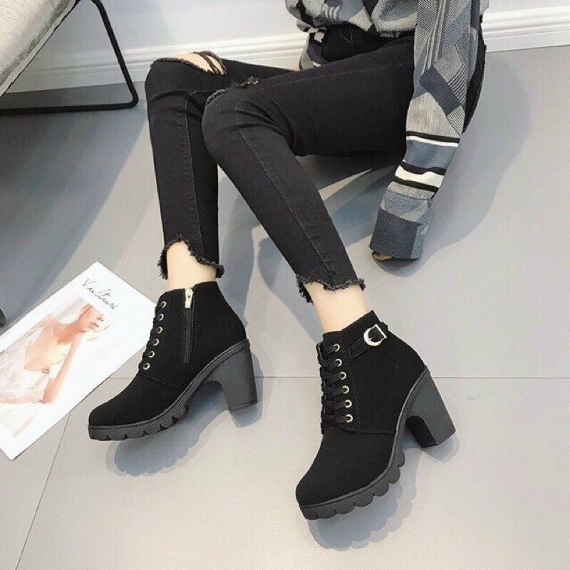 Bốt nữ cổ ngắn đế cao 7cm chất nhung | BigBuy360 - bigbuy360.vn