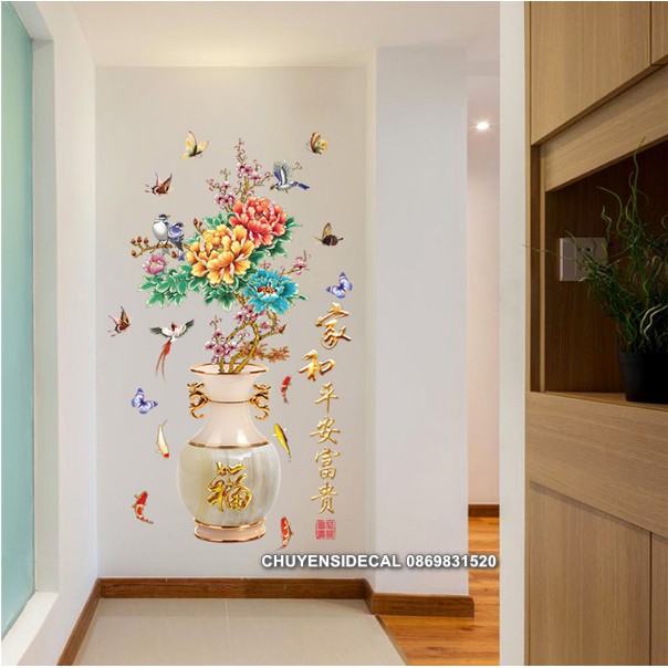 Decal trang trí tường - Bình Hoa Mẫu Đơn Khoe Sắc Ngày Tết