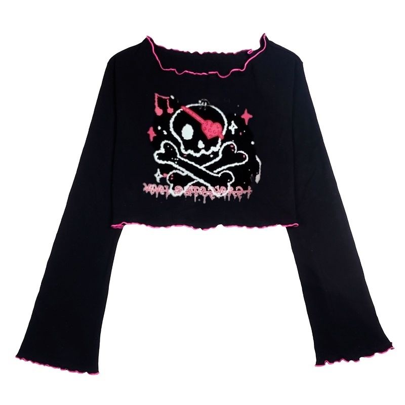 Áo Thun Tay Dài Dáng Rộng Màu Đen 2K croptop Y2K Millennium Phong Cách Harajuku Cá Tính Cho Nữ