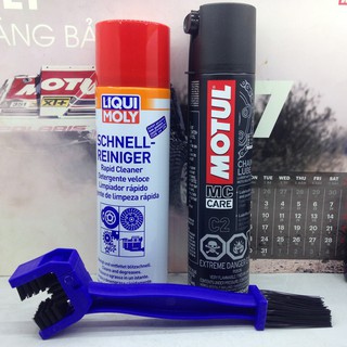 Bộ xịt sên Liqui Moly 500ml, dưỡng sên Motul C2 400ml và chải sên 3D