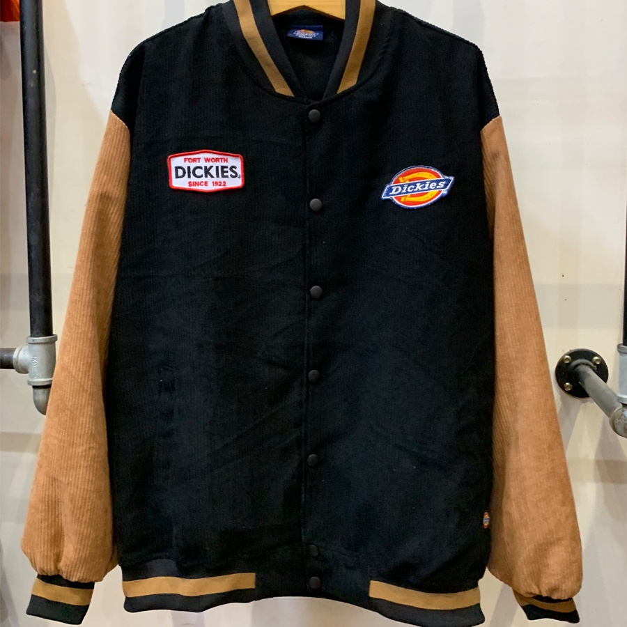 Áo Khoác Bomber Jacket Varsity Dickies Đen nâu - Form rộng oversize - Chất liệu nhung tăm cao cấp.
