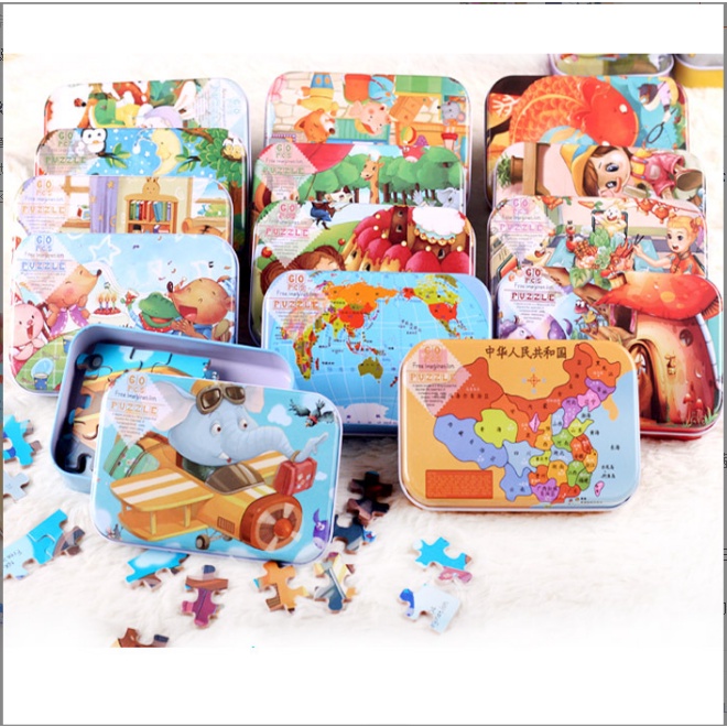 Đồ chơi bộ tranh xếp hình, ghép hình bằng gỗ 60 mảnh puzzle có hộp thiếc cho bé - tranh ghép gỗ 60 miếng