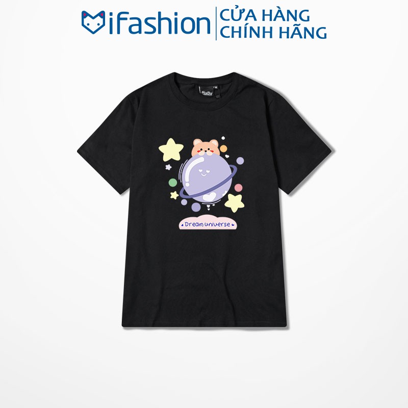 Áo thun tay lỡ iFashion 100% cotton dáng unisex form rộng in hình gấu nhỏ và ngôi sao M007