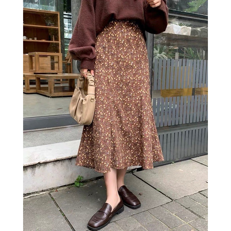 Chân váy midi CV hoa nhí xoè đuôi cá nhung tăm có khoá kéo cv1518 Ulzzang style 🌸 Hàng Quảng Châu