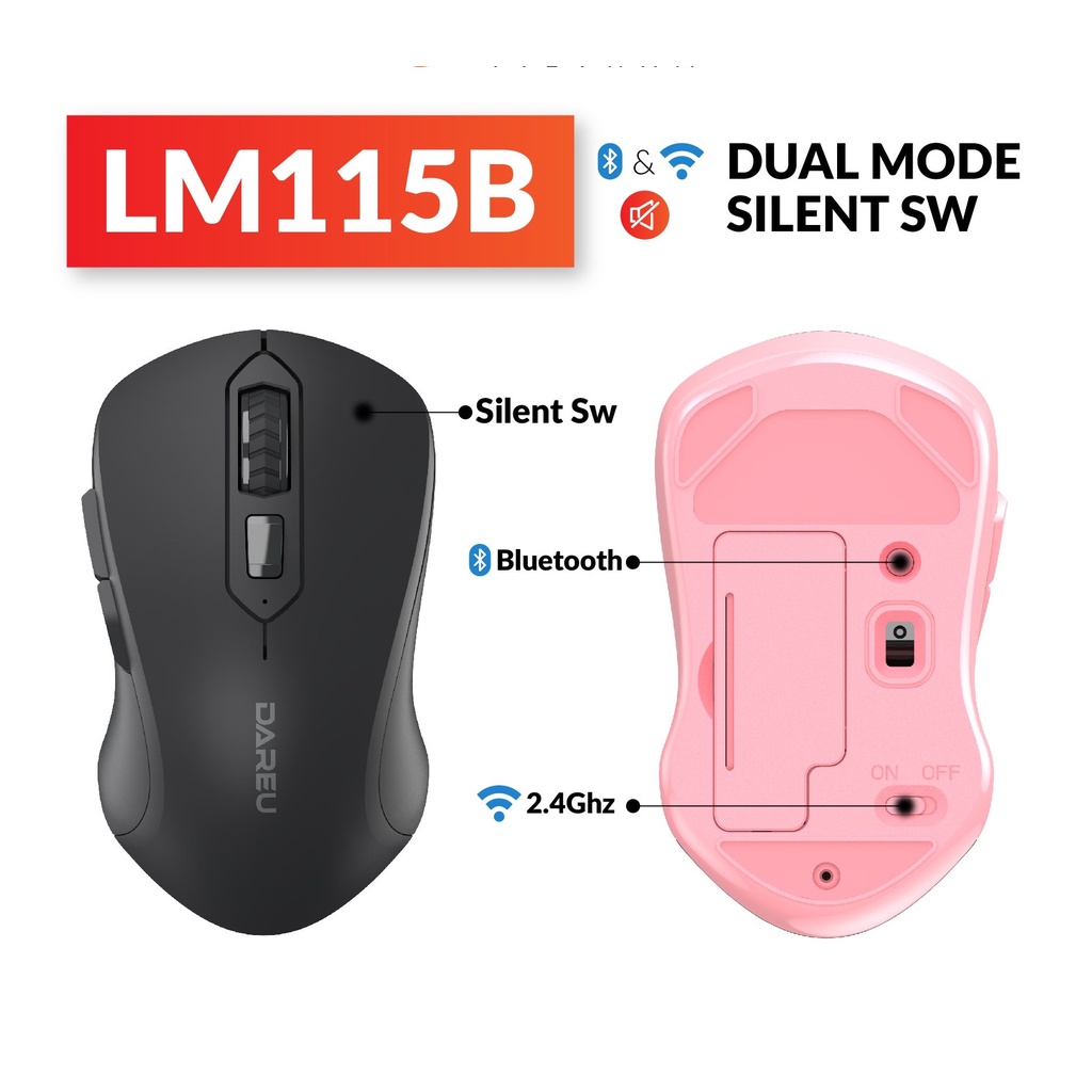 Chuột không dây Dareu LM115G Hồng | Trắng | Đen - LM115B Bluetooth 5.0 + Wireless 2.4GHz - BH 24 Tháng chính hãng