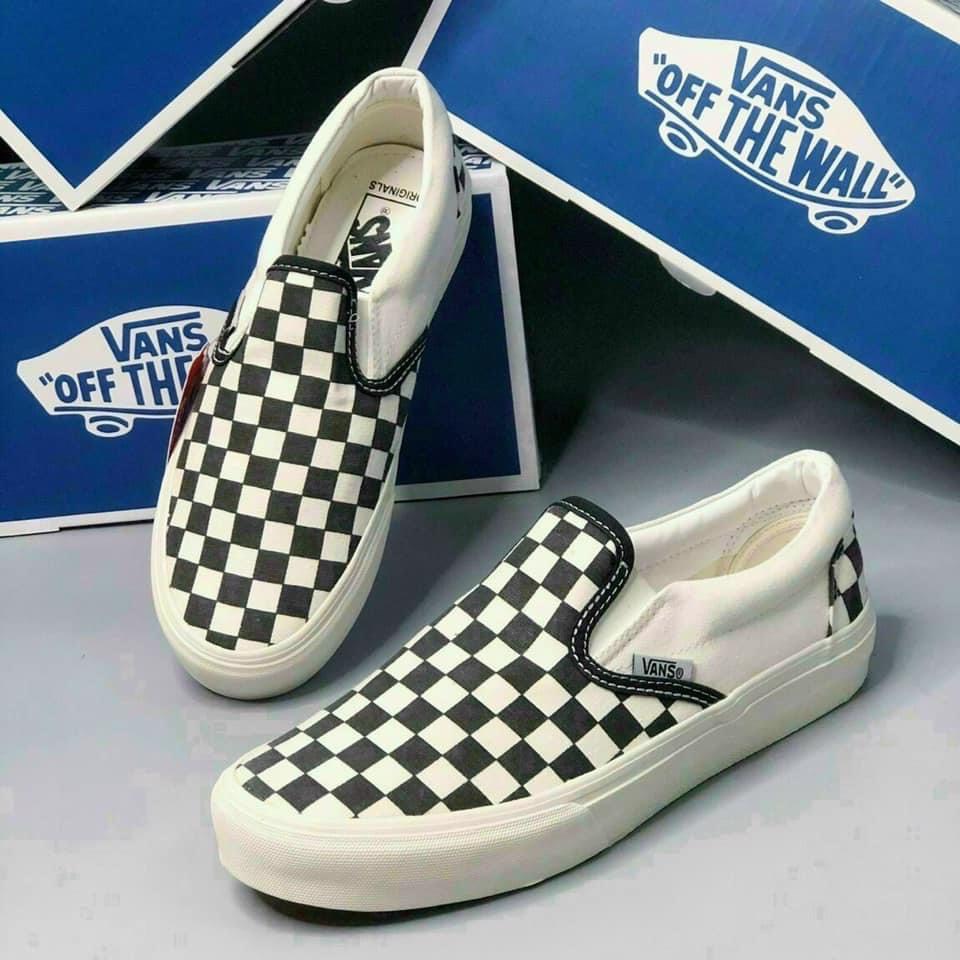 Giày lười nam nữ cao cấp full bill box, giày thể thao Slip On Vans Caro đẹp kẻ sọc đen trắng cá tính, đế êm lót da D18 | BigBuy360 - bigbuy360.vn