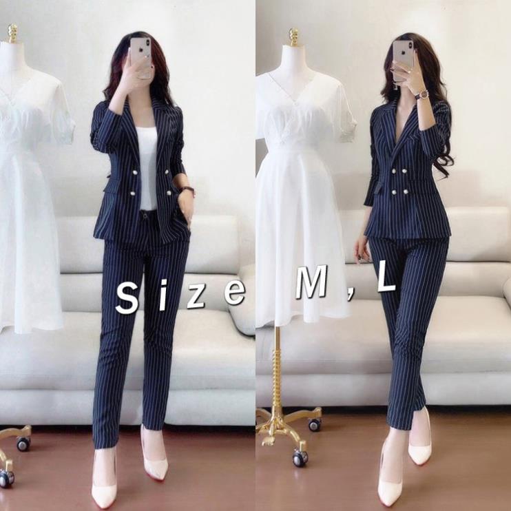 Set nguyên bộ vest kẽ sọc tay dài 2 túi giả(ko kèm áo trong) J1053