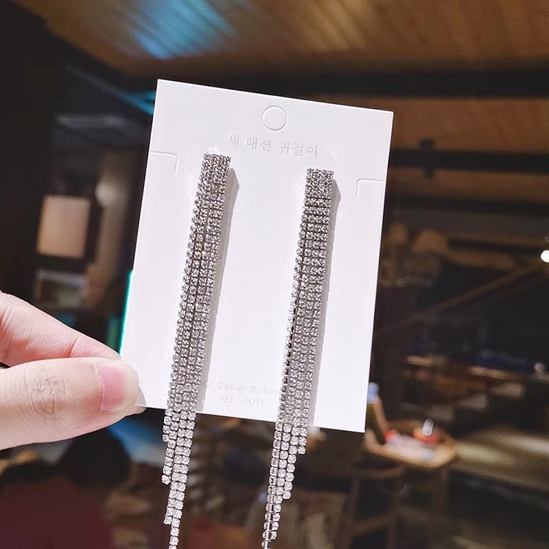 khuyên tai dây dài đính đá sang chảnh, bông tai phong cách hàng quốc thả dài