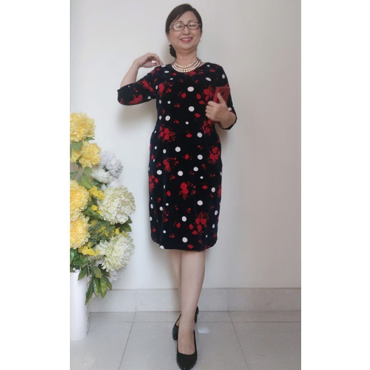 Váy Đầm Trung Niên 2XL 3XL - Vải Nhung Hoa Sang Trọng Co Giãn - Dáng Suông Tay Lửng