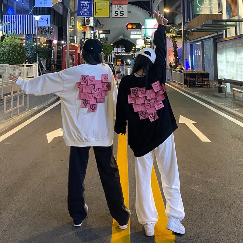 Jiashucheng Áo Sweatshirt Dáng Rộng Hình Nốt Nhạc Trái Tim Dính Phong Cách Hàn Quốc Dễ Phối Đồ