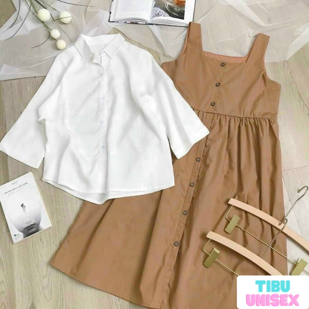 SET VÁY YẾM KSTE BE + ÁO THUN TRẮNG - BỘ ĐẦM 2 DÂY BẢN TO MÀU BE DÁNG DÀI ULZZANG