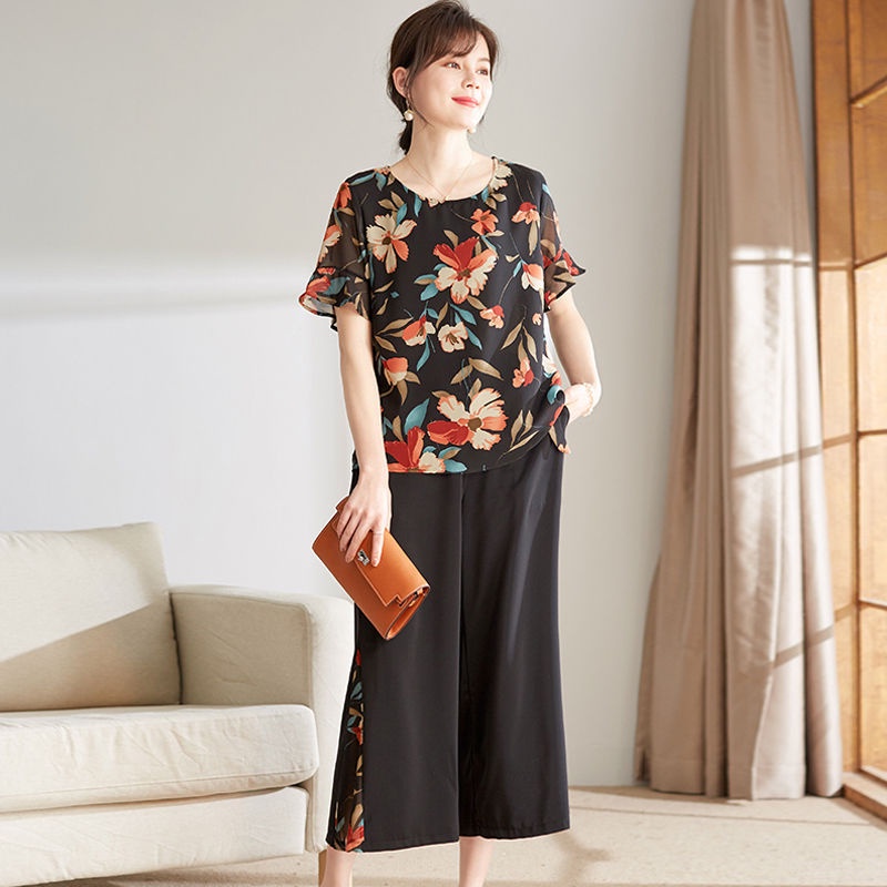 Set Áo Chiffon Ngắn Tay Phối Bèo + Quần Ống Rộng Họa Tiết Hoa Thời Trang Cho Nữ