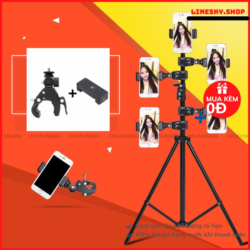 Kẹp điện thoại gắn vào tripod, chân đèn live hỗ trợ livestream, quay phim nhiều máy cùng lúc