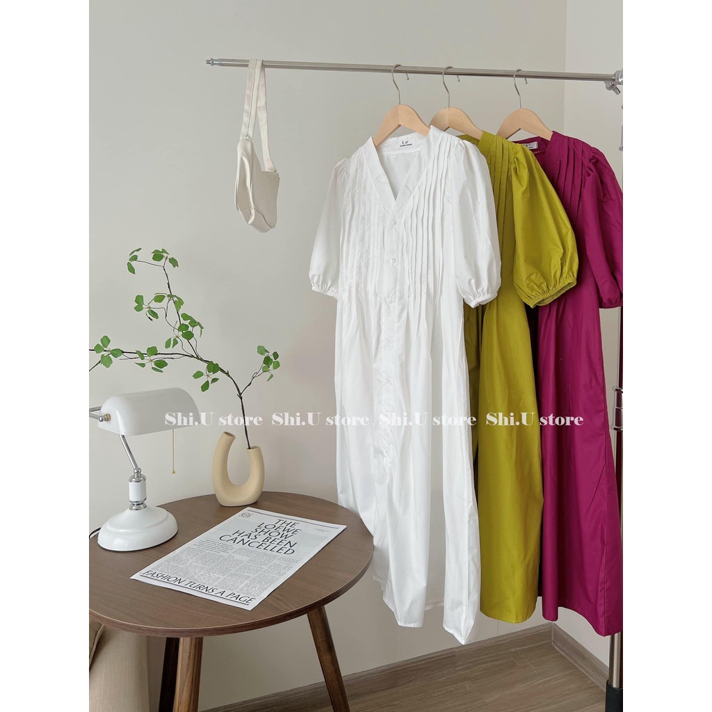 Váy cổ v xếp ly ngực tay bồng chất thô mát dáng rộng đầm dài 3 màu xinh xắn