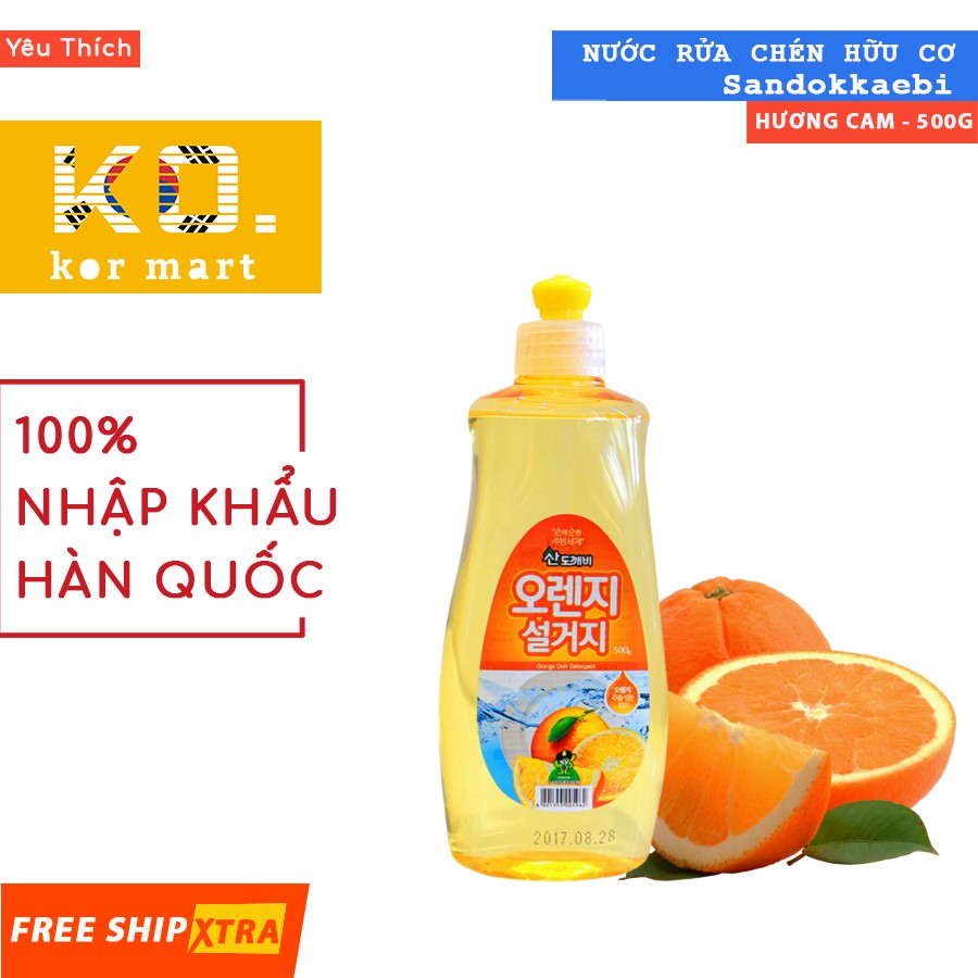Nước rửa chén, bát hữu cơ ❤️FREESHIP❤️ Sandokkaebi Hàn Quốc 500 ml hương Cam không hại da tay, an toàn cho gia đình bạn