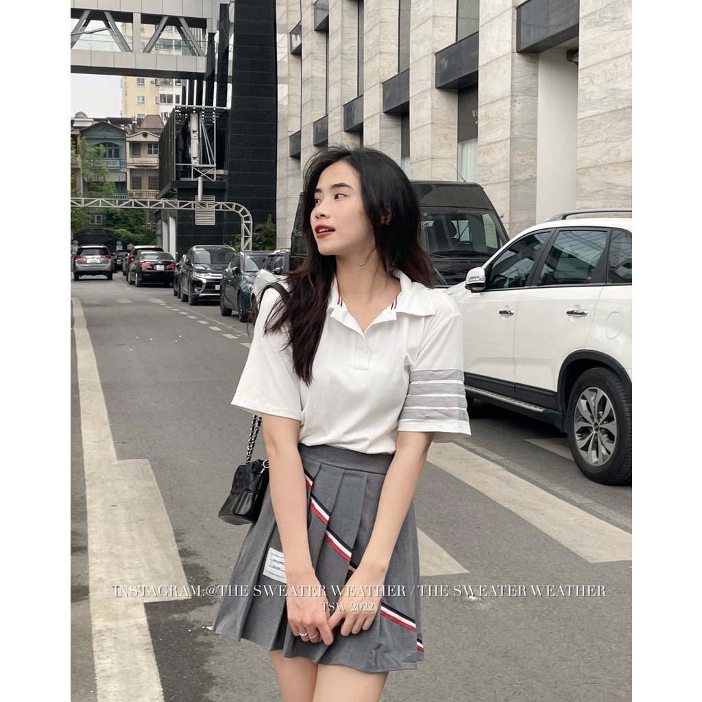 (VIDEO THẬT)Set Áo Thun Polo Kèm Chân Váy Tennis Xếp Ly Ghi Phối Kẻ Cực Trendy 🌻🌻