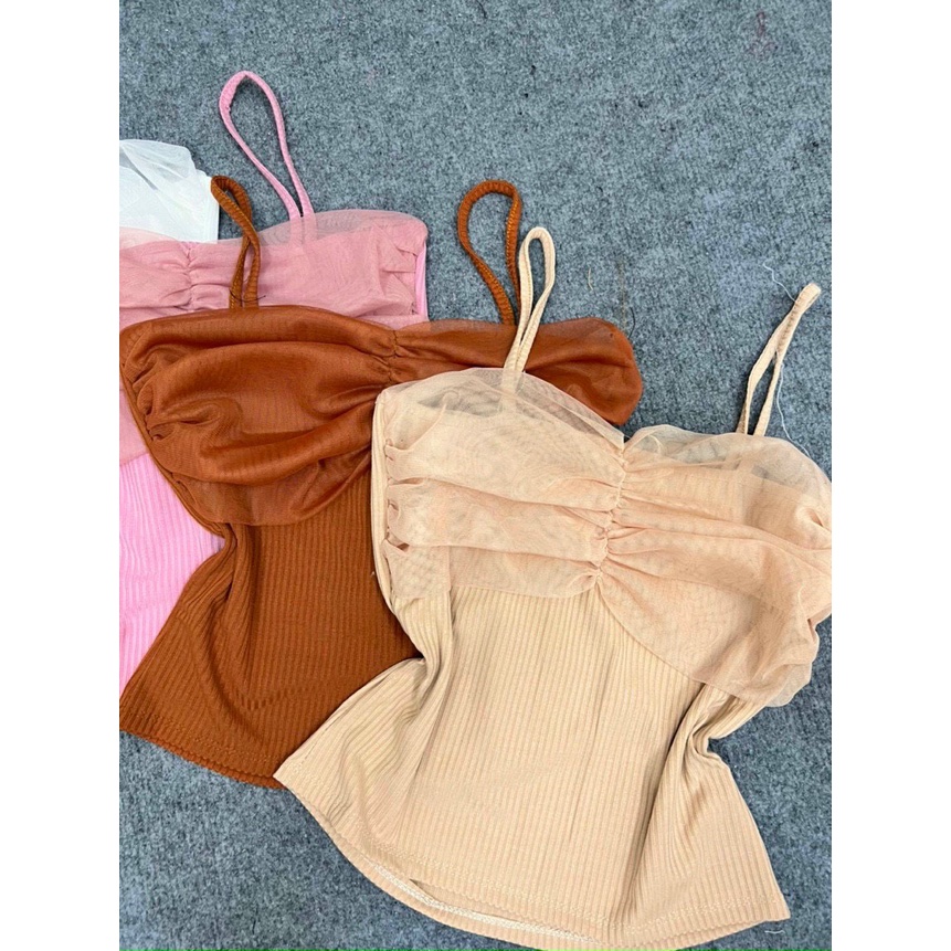 Áo nữ 2 dây thun gân phối voan nhúm ngực hot