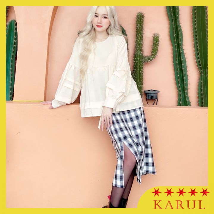 Chân váy dài kẻ xẻ tà 2 lớp , chân váy dài  kẻ dáng dài Hàn Quốc (Ảnh thật mẫu nhà mình tự chụp tự quay) | BigBuy360 - bigbuy360.vn