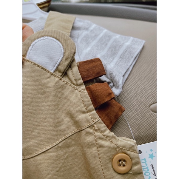 Set yếm gấu màu be kèm áo sơ mi sọc 0-24M cho bé
