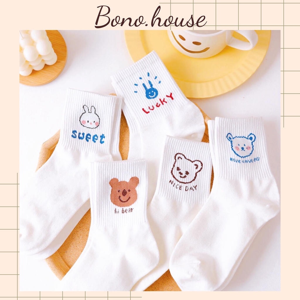 Tất vớ cotton cao cổ màu trắng trắng in hình gấu dễ thương 5 mẫu CD12