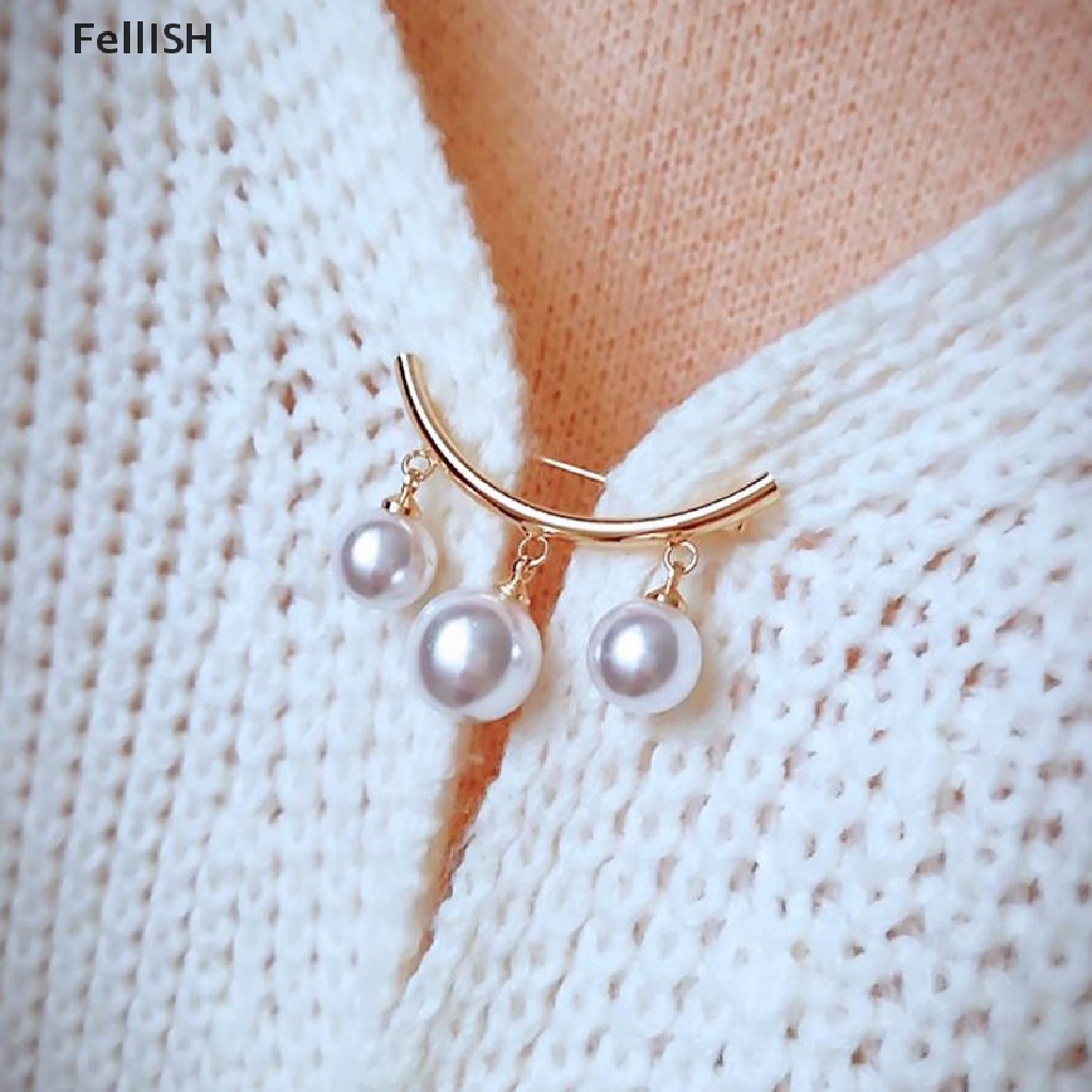 [Felli] Fashion Pearl Fixed Strap Charm Safety Pin Brooch Sweater Cardigan Clip Chain 439br