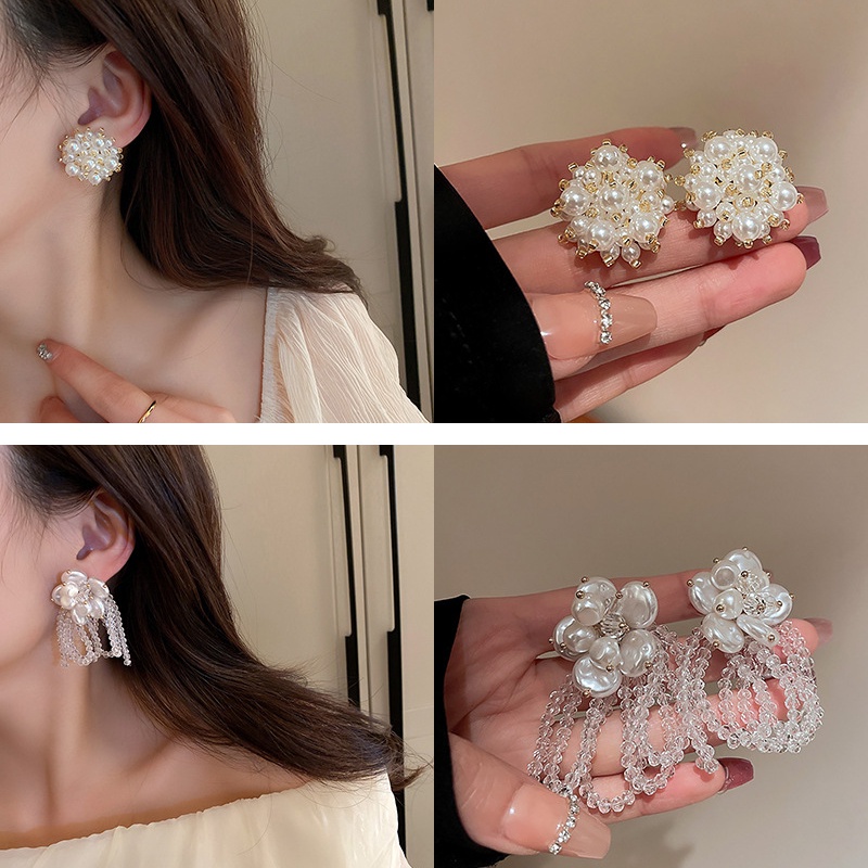 Bông Tai Hình Nơ Đính Ngọc Trai Và Kim Cương Giả Thời Trang Sang Trọng