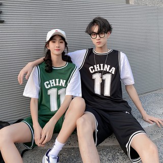 Bộ quần áo nam nữ Unisex thể thao cộc tay mặc mùa hè China 11, chất thun cotton 2 màu xanh/đen VCT