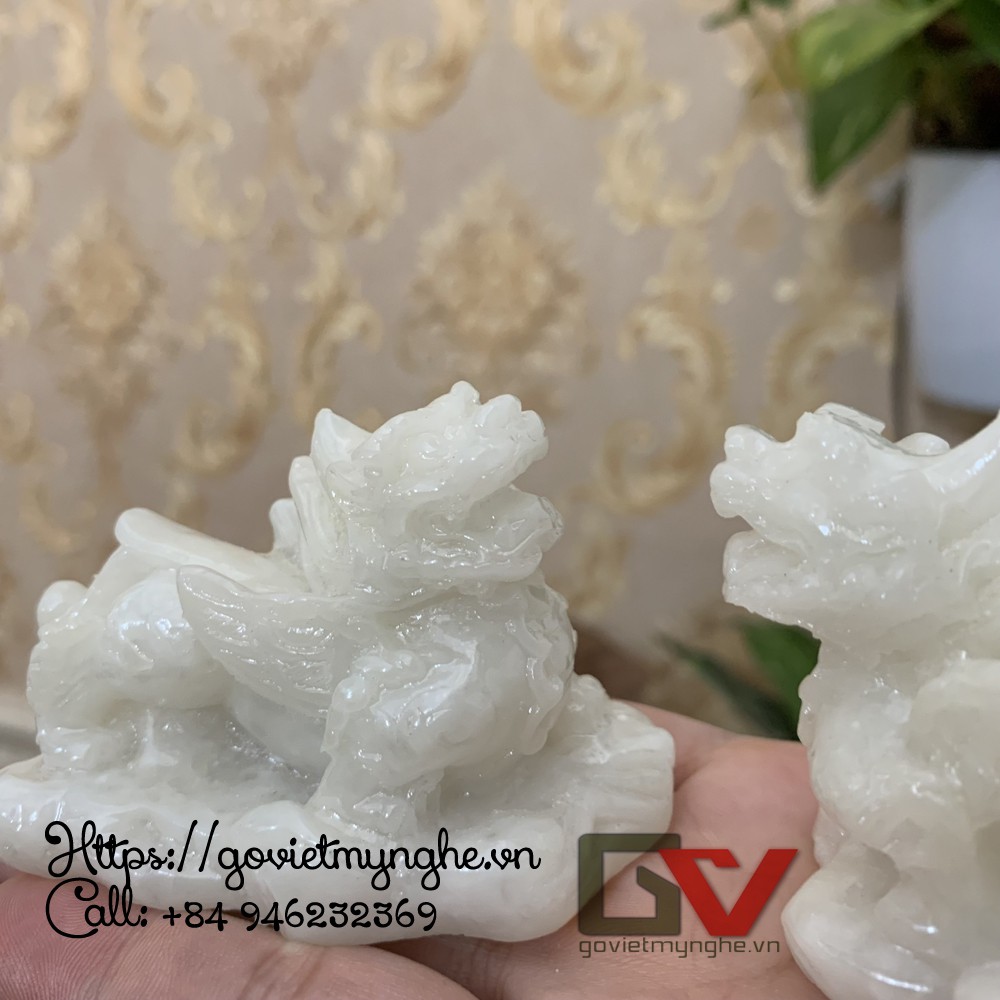 Cặp 2 tượng đá tỳ hưu trang trí phong thủy bàn làm việc - Chiều Cao 5.5cm - Trắng Đá Non Nước - Size Nhỏ