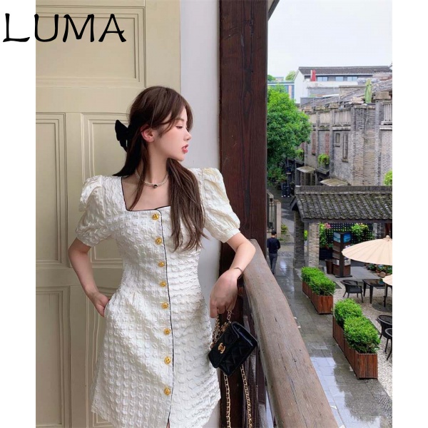 Fashionable Dress fashion brand 2021 Korean style square collar bubble sleeve retro temperament single-breasted contrast color close-fitting all-match Chanel style dress women's one-piece dress