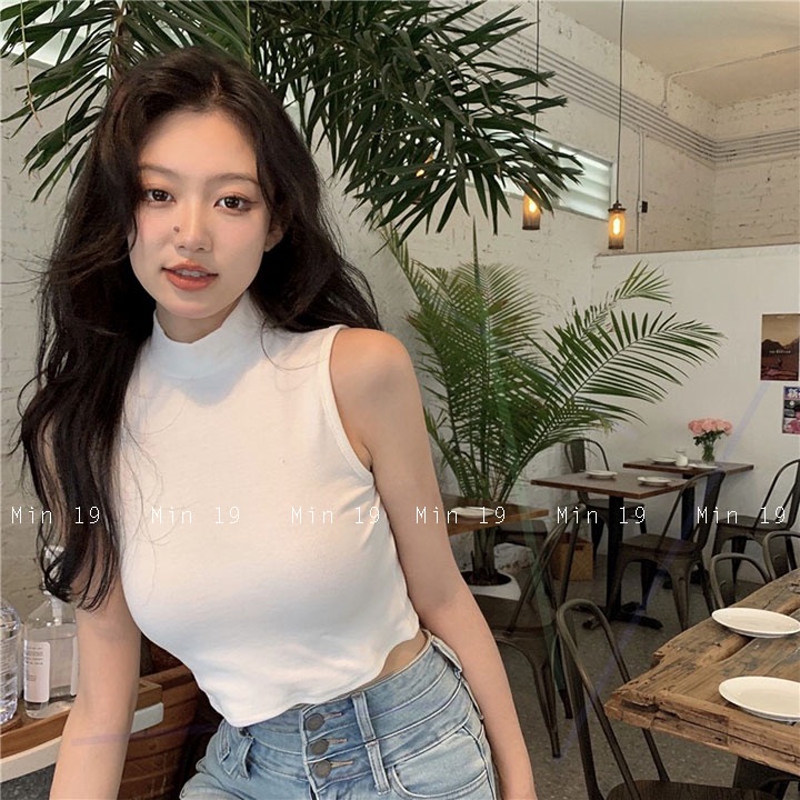 Áo sát nách nữ MIN19 áo ba lỗ croptop form rộng bigsize cổ cao dáng ôm body thể thao chất thun tăm màu trắng đen be nâu