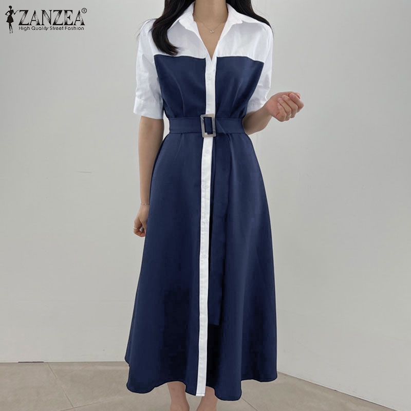 Đầm dài ZANZEA tay ngắn màu sắc tương phản phong cách Hàn Quốc thời trang cho nữ