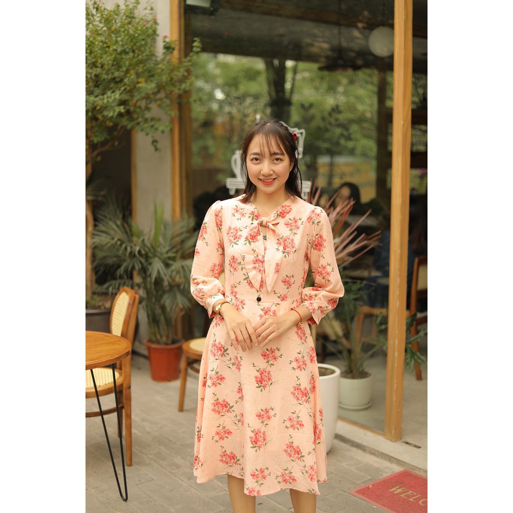 Váy hoa lụa nơ cổ siêu xinh