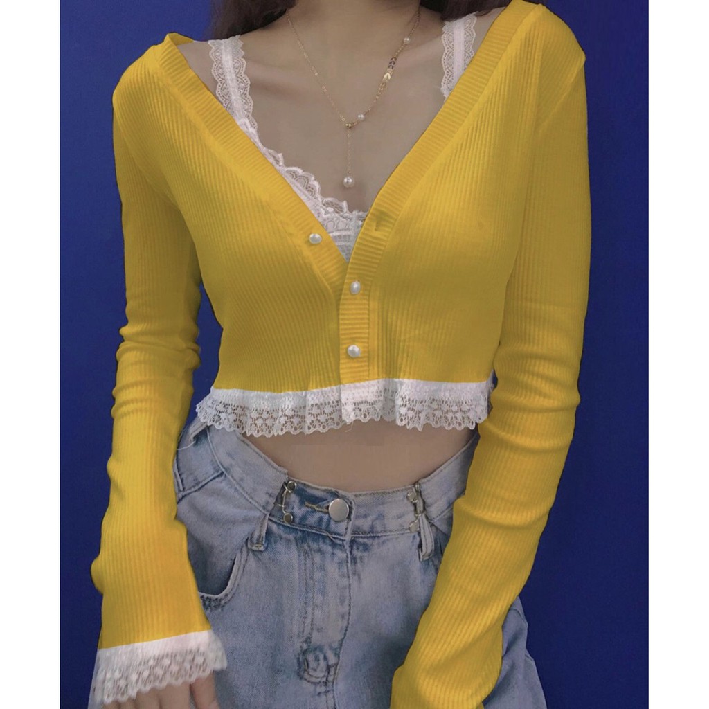[HÌNH THẬT] ÁO CROPTOP GIẢ KHOÁC NHẸ DÀI TAY CO GIÃN CỔ TIM - ÁO KIỂU CRT ULZANG HOT GIRL TRƠN BASIC GÀI NÚT 4