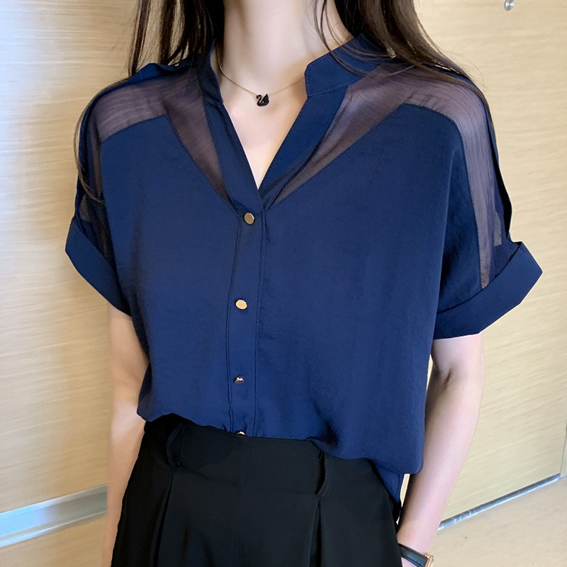 Áo Kiểu Tay Ngắn Chất Chiffon Thiết Kế Cổ Chữ V Phong Cách Hàn Quốc