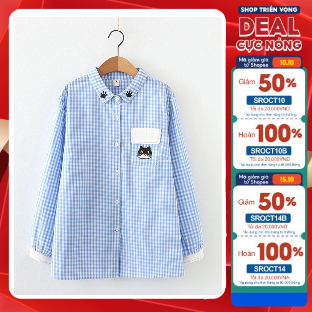 Áo sơ mi công sở nữ thêu hình mèo xinh xắn QUYÊN FASHIO AA553, áo kẻ xanh, đen thanh lịch